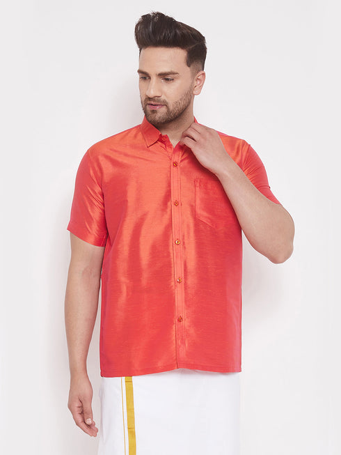 Men's Red Silk Blend Ethnic Shirt